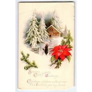 Vintage Christmas Postcard Snowy Cabin Poinsettia Sincere Greetings